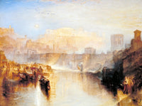Ancient Rome by Turner: a golden classical city on a river, boats and mourners, a pale moon in the daytime sky