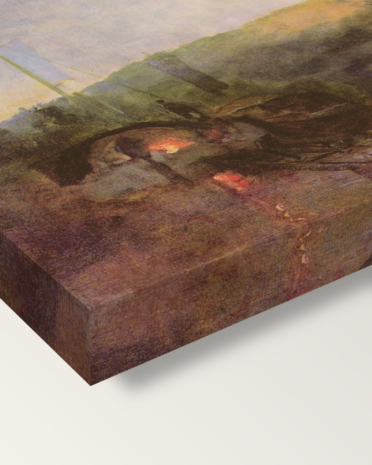 Barge on the River, Sunset by Turner on stretched canvas, corner close-up: the painting mirror-wrapped round the sides