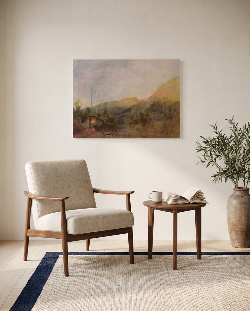 Barge on the River, Sunset by J. M. W. Turner as a stretched canvas above a linen lounge chair in a reading corner