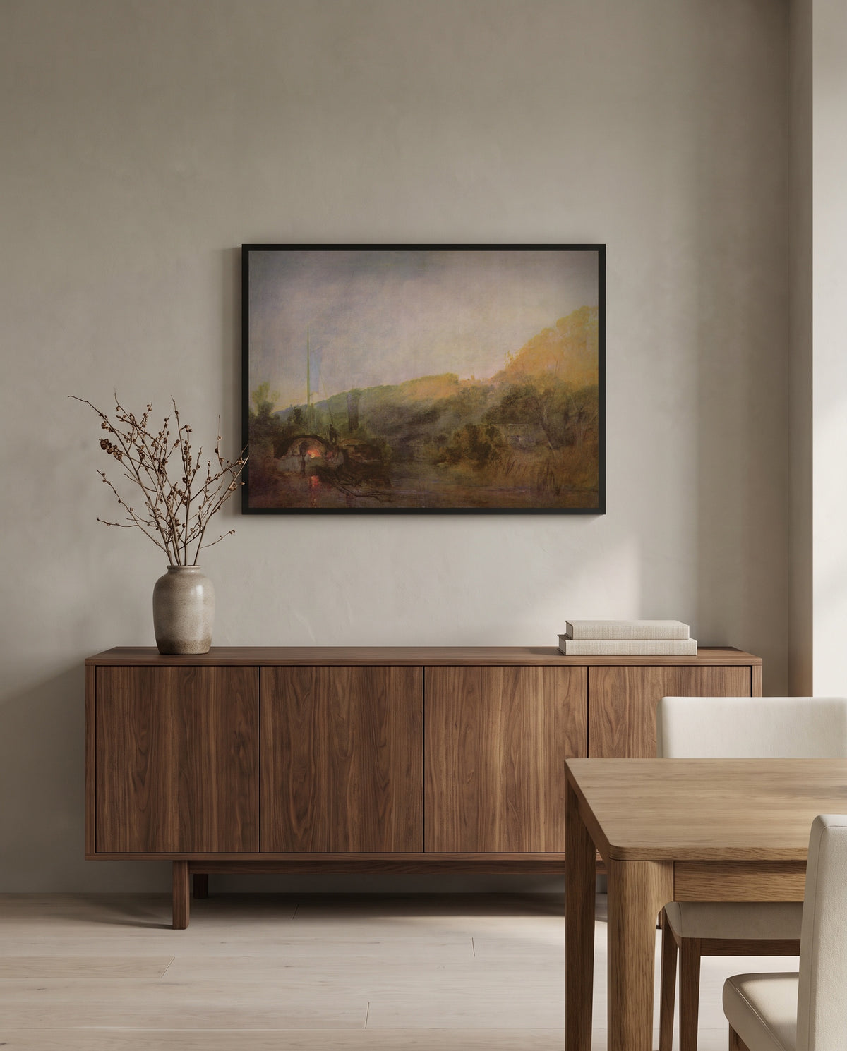 Barge on the River, Sunset by J. M. W. Turner in a black frame above a walnut sideboard in a dining room