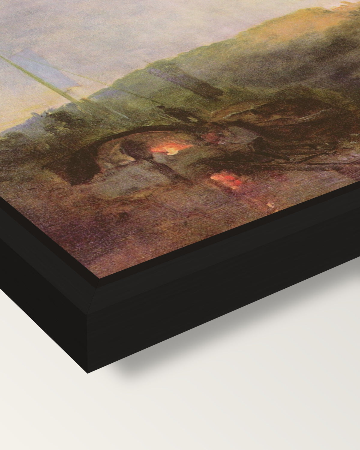 Barge on the River, Sunset framed canvas, corner close-up: a black floating frame with a shadow gap round the canvas