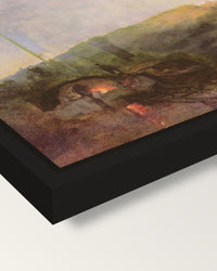 Barge on the River, Sunset framed canvas, corner close-up: a black floating frame with a shadow gap round the canvas