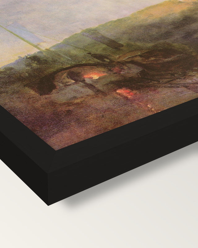 Barge on the River, Sunset by Turner framed print, corner close-up: black moulding, mitred, the print set just below its edge