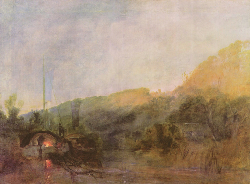 Barge on the River, Sunset by J. M. W. Turner: a barge on a calm river at sunset, golden sky and dark banks