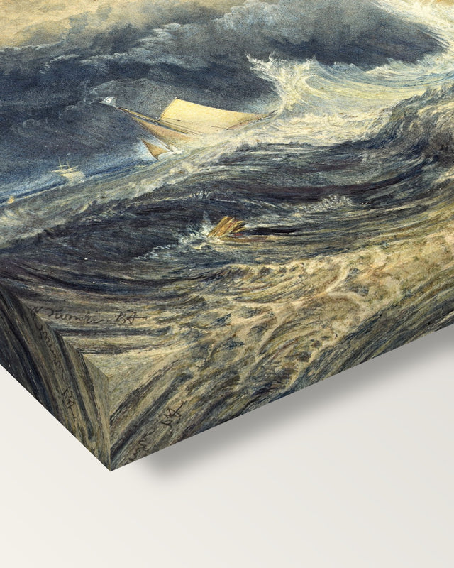 Bell Rock Lighthouse by J. M. W. Turner on stretched canvas, corner close-up: the painting mirror-wrapped round the sides