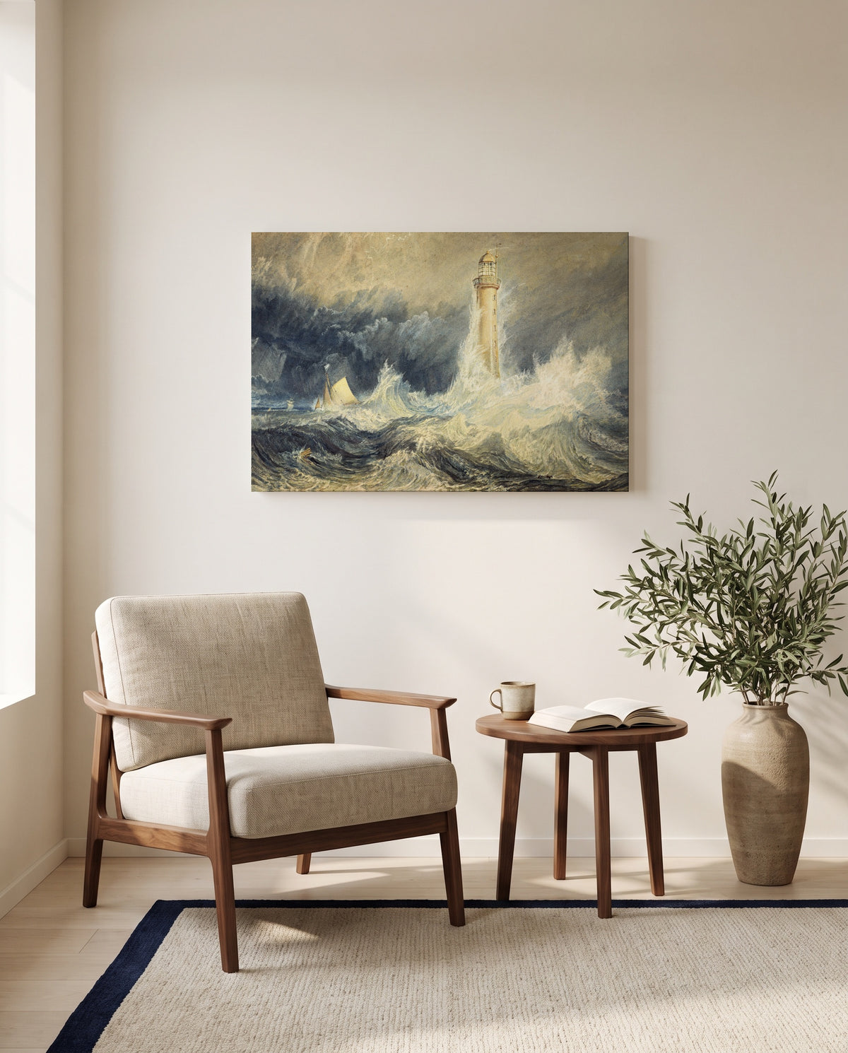 Bell Rock Lighthouse by J. M. W. Turner as a stretched canvas above a linen lounge chair in a reading corner