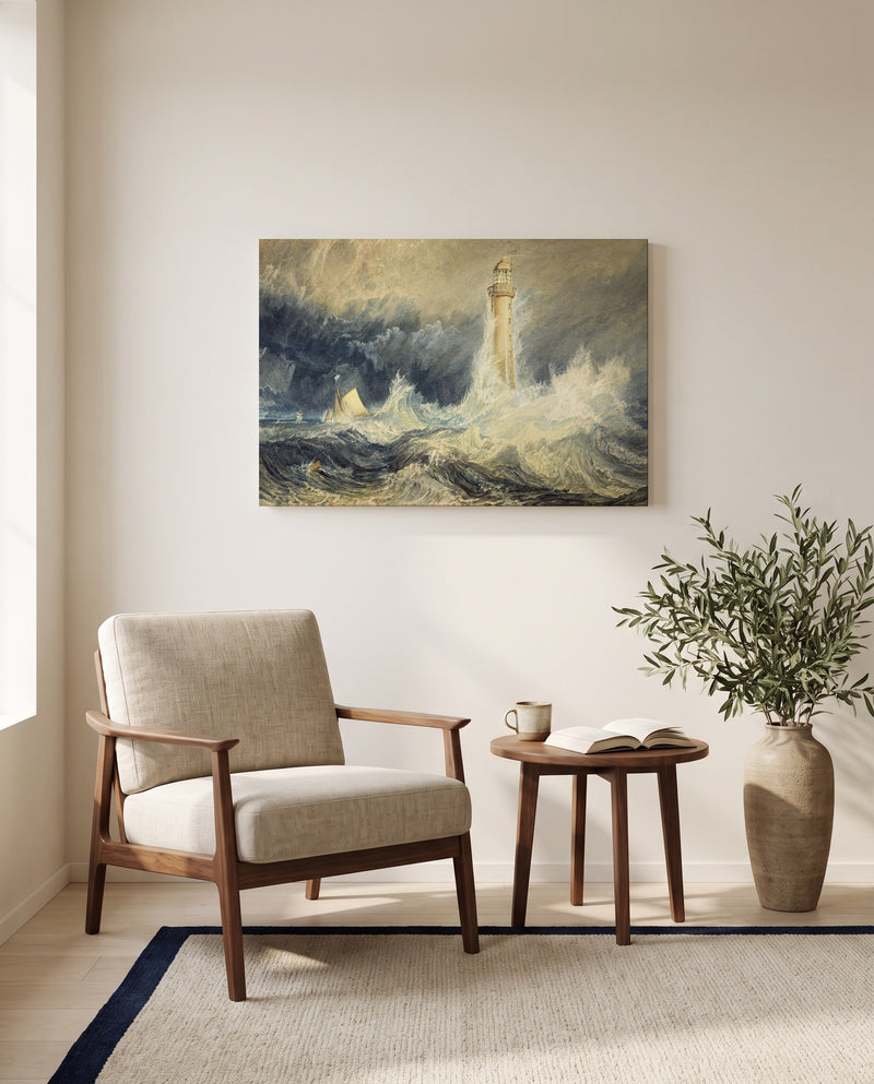 Bell Rock Lighthouse by J. M. W. Turner as a stretched canvas above a linen lounge chair in a reading corner