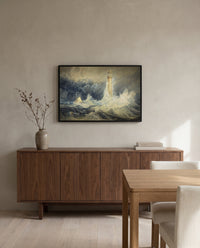 Bell Rock Lighthouse by J. M. W. Turner in a black frame above a walnut sideboard in a dining room