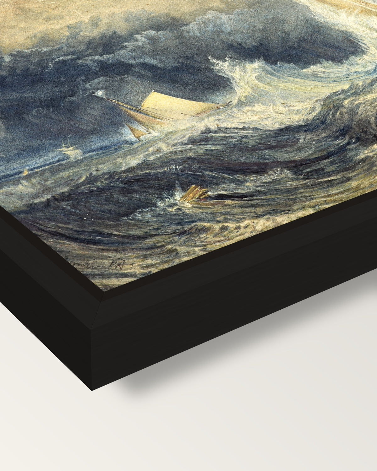 Bell Rock Lighthouse by Turner framed canvas, corner close-up: a black floating frame with a shadow gap round the canvas