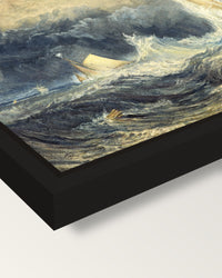 Bell Rock Lighthouse by Turner framed canvas, corner close-up: a black floating frame with a shadow gap round the canvas