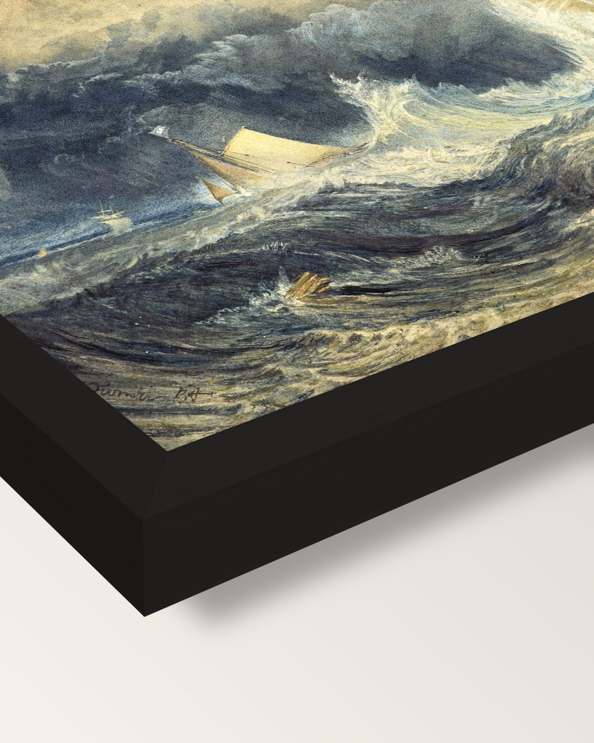 Bell Rock Lighthouse by Turner framed print, corner close-up: black moulding, mitred, the print set just below its edge