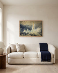 Bell Rock Lighthouse by J. M. W. Turner framed in natural oak above a cream sofa in a warm living room