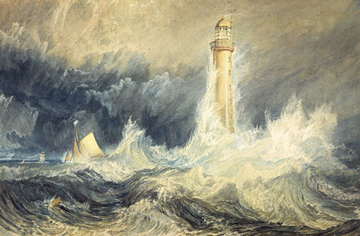 Bell Rock Lighthouse by Turner: a tall lighthouse rising from huge white waves under a stormy sky, a small boat in the surf