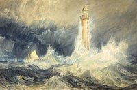 Bell Rock Lighthouse by Turner: a tall lighthouse rising from huge white waves under a stormy sky, a small boat in the surf