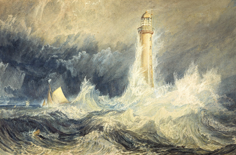 Bell Rock Lighthouse by Turner: a tall lighthouse rising from huge white waves under a stormy sky, a small boat in the surf