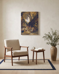 Boccaccio by J. M. W. Turner as a stretched canvas above a linen lounge chair in a reading corner