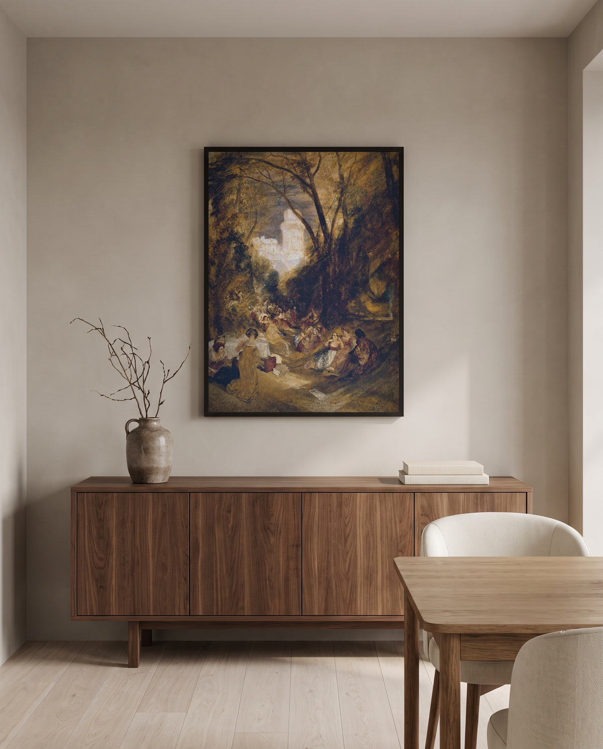Boccaccio by J. M. W. Turner in a black frame above a walnut sideboard in a dining room