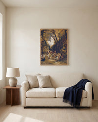 Boccaccio by J. M. W. Turner framed in natural oak above a cream sofa in a warm living room