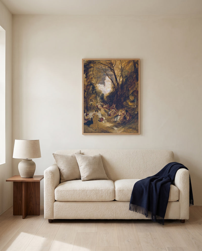 Boccaccio by J. M. W. Turner framed in natural oak above a cream sofa in a warm living room