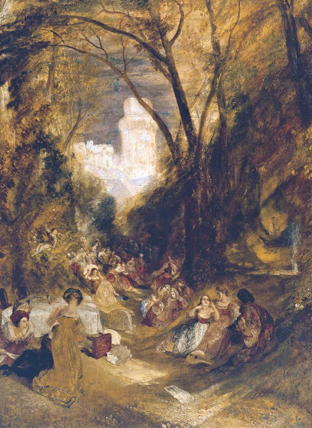Boccaccio by Turner: elegant figures resting in a golden wooded glade, a glowing white castle in the distance