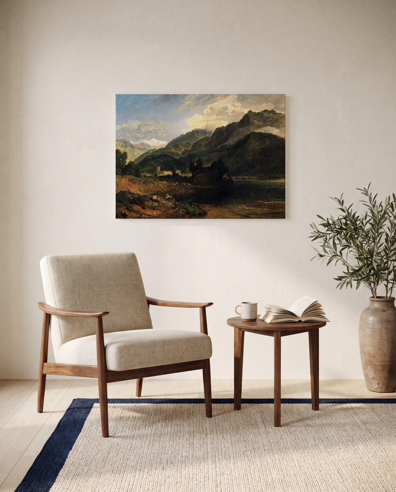 Bonneville, Savoy by J. M. W. Turner as a stretched canvas above a linen lounge chair in a reading corner