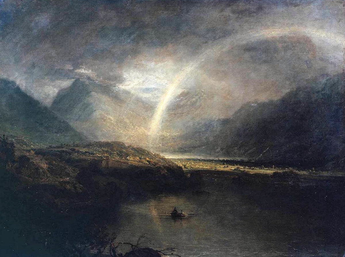 Buttermere Lake by Turner: dark mountains around a still lake, a pale rainbow and a small boat under a stormy sky