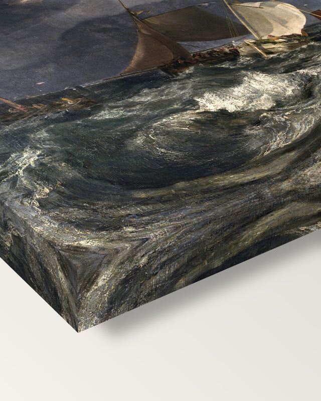 Calais Pier by J. M. W. Turner on stretched canvas, corner close-up: the painting mirror-wrapped round the sides