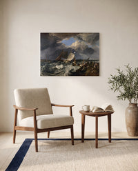 Calais Pier by J. M. W. Turner as a stretched canvas above a linen lounge chair in a reading corner