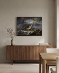Calais Pier by J. M. W. Turner in a black frame above a walnut sideboard in a dining room