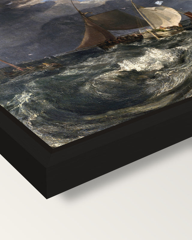 Calais Pier by J. M. W. Turner framed canvas, corner close-up: a black floating frame with a shadow gap round the canvas