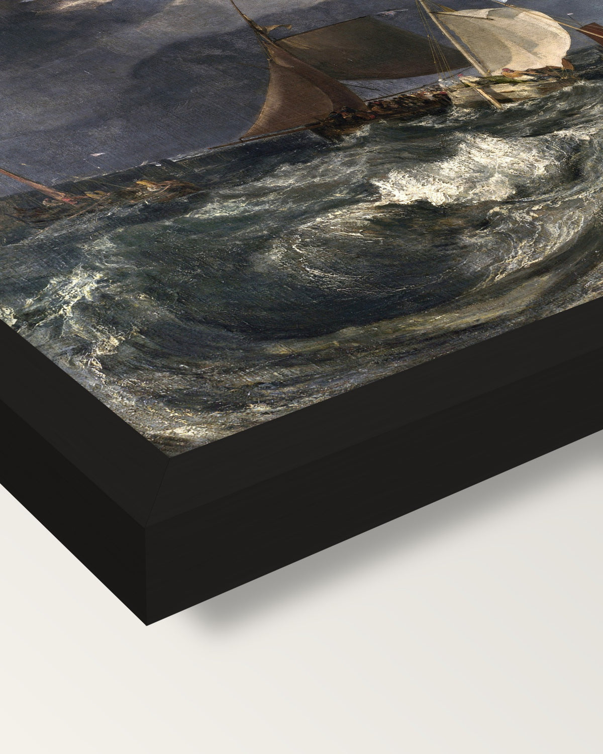 Calais Pier by J. M. W. Turner framed print, corner close-up: black moulding, mitred, the print set just below its edge