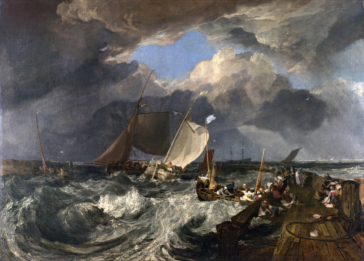 Calais Pier by Turner: sailing boats tossed on rough grey waves beside a wooden pier under a dark stormy sky