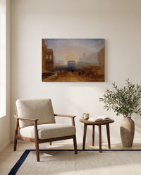 Claudian Harbour Scene by J. M. W. Turner as a stretched canvas above a linen lounge chair in a reading corner