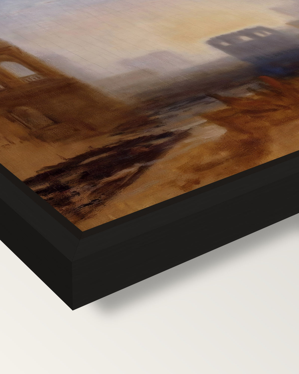 Claudian Harbour Scene by Turner framed canvas, corner close-up: a black floating frame with a shadow gap round the canvas