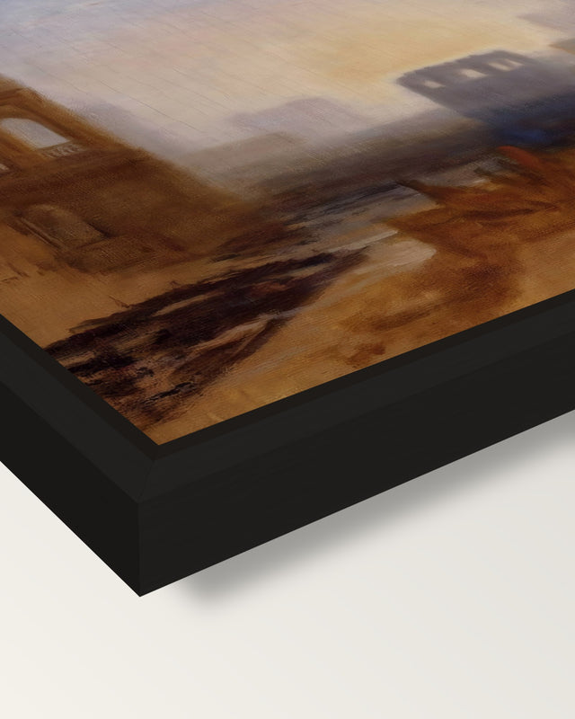 Claudian Harbour Scene by Turner framed canvas, corner close-up: a black floating frame with a shadow gap round the canvas
