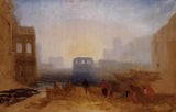 Claudian Harbour Scene by J. M. W. Turner: a misty harbour at sunrise between grand buildings, figures and boats in front