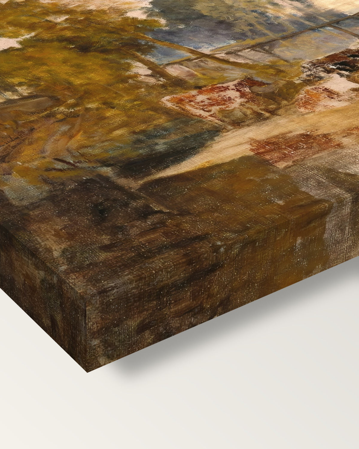 Cows with a Footbridge by J. M. W. Turner on stretched canvas, corner close-up: the painting mirror-wrapped round the sides