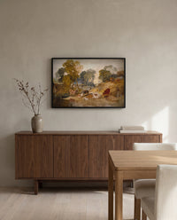 Cows with a Footbridge by J. M. W. Turner in a black frame above a walnut sideboard in a dining room