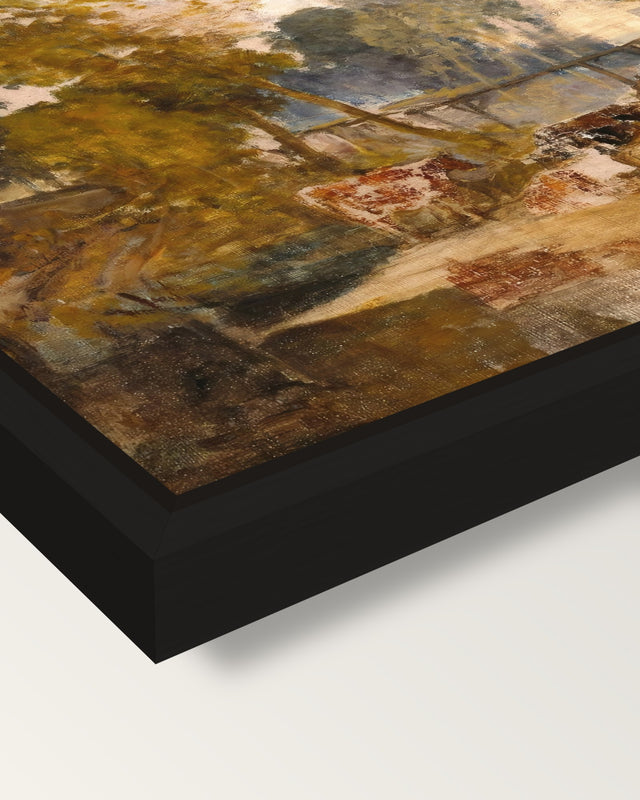 Cows with a Footbridge by Turner framed canvas, corner close-up: a black floating frame with a shadow gap round the canvas