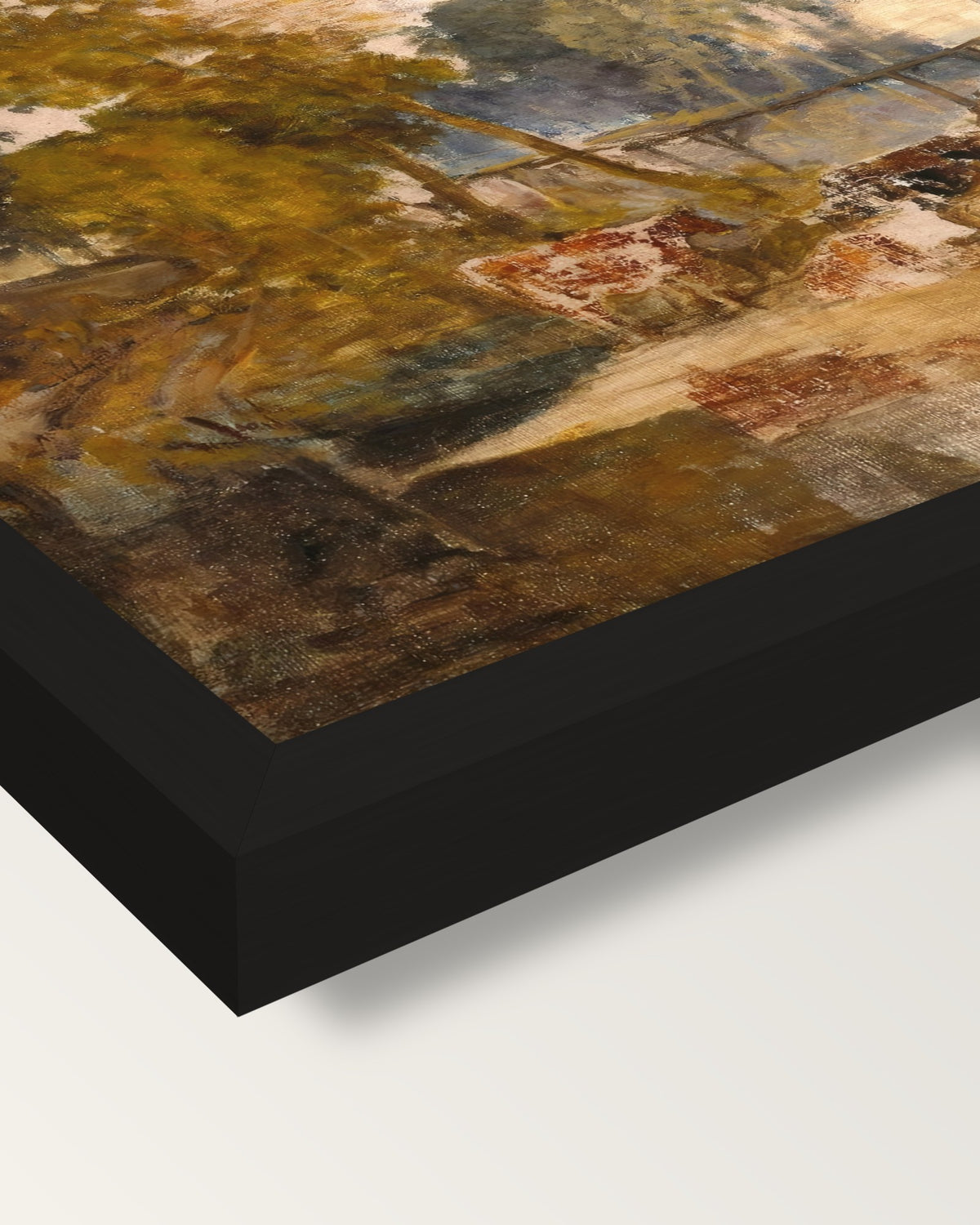 Cows with a Footbridge by Turner framed print, corner close-up: black moulding, mitred, the print set just below its edge