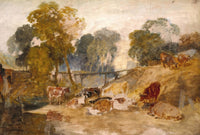 Cows in a Landscape with a Footbridge by J. M. W. Turner: cows resting by a stream below golden trees and a small footbridge