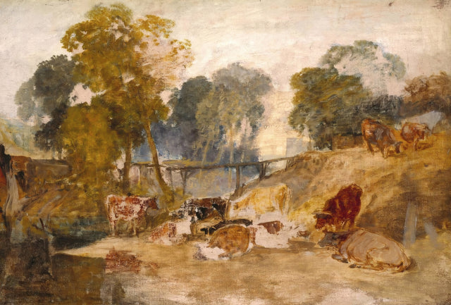 Cows in a Landscape with a Footbridge by J. M. W. Turner: cows resting by a stream below golden trees and a small footbridge