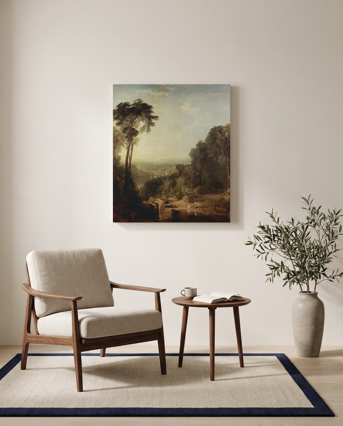 Crossing the Brook by J. M. W. Turner as a stretched canvas above a linen lounge chair in a reading corner