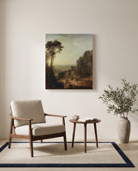 Crossing the Brook by J. M. W. Turner as a stretched canvas above a linen lounge chair in a reading corner