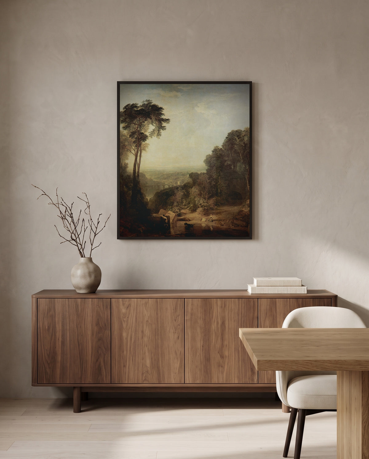 Crossing the Brook by J. M. W. Turner in a black frame above a walnut sideboard in a dining room