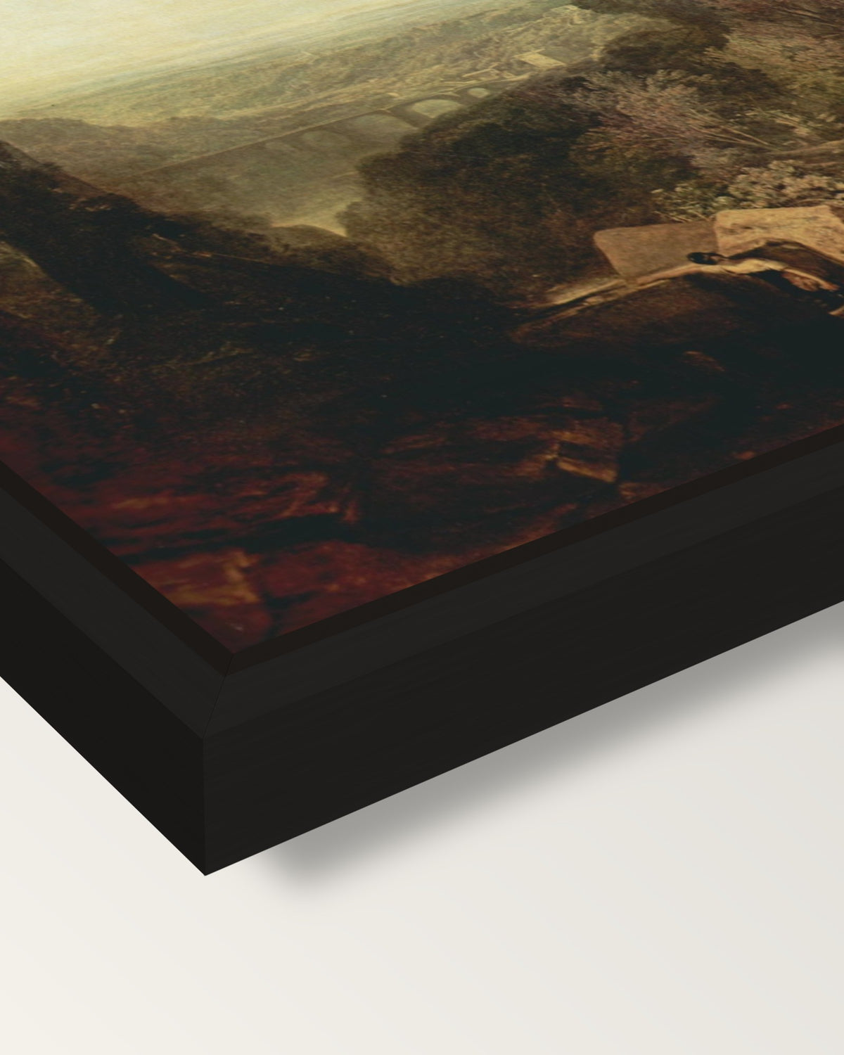Crossing the Brook by Turner framed canvas, corner close-up: a black floating frame with a shadow gap round the canvas