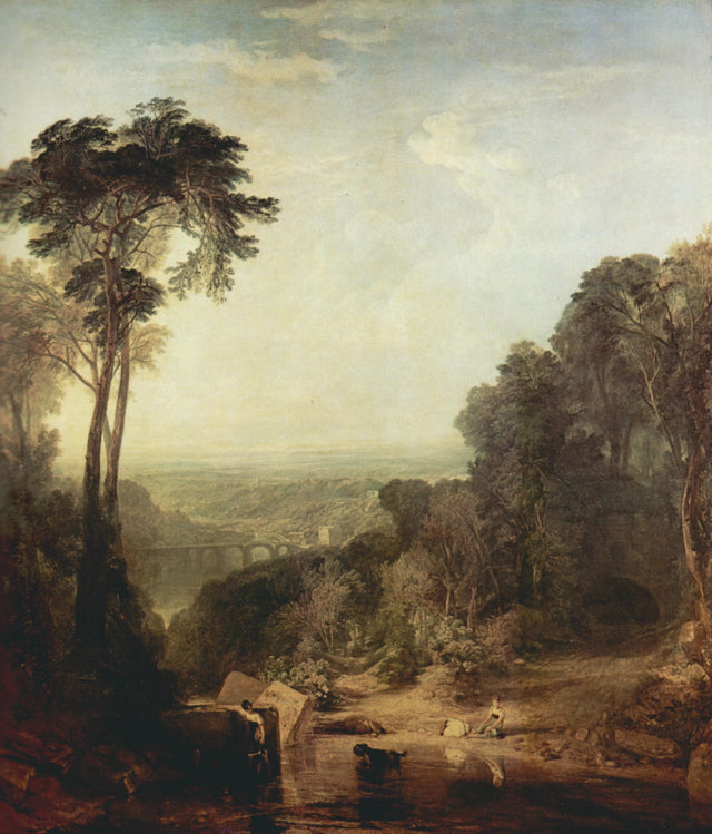 Crossing the Brook by J. M. W. Turner: tall trees framing a wide valley, two girls at a brook, a bridge far off