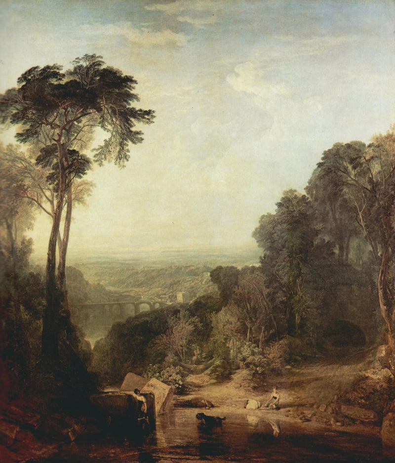 Crossing the Brook by J. M. W. Turner: tall trees framing a wide valley, two girls at a brook, a bridge far off