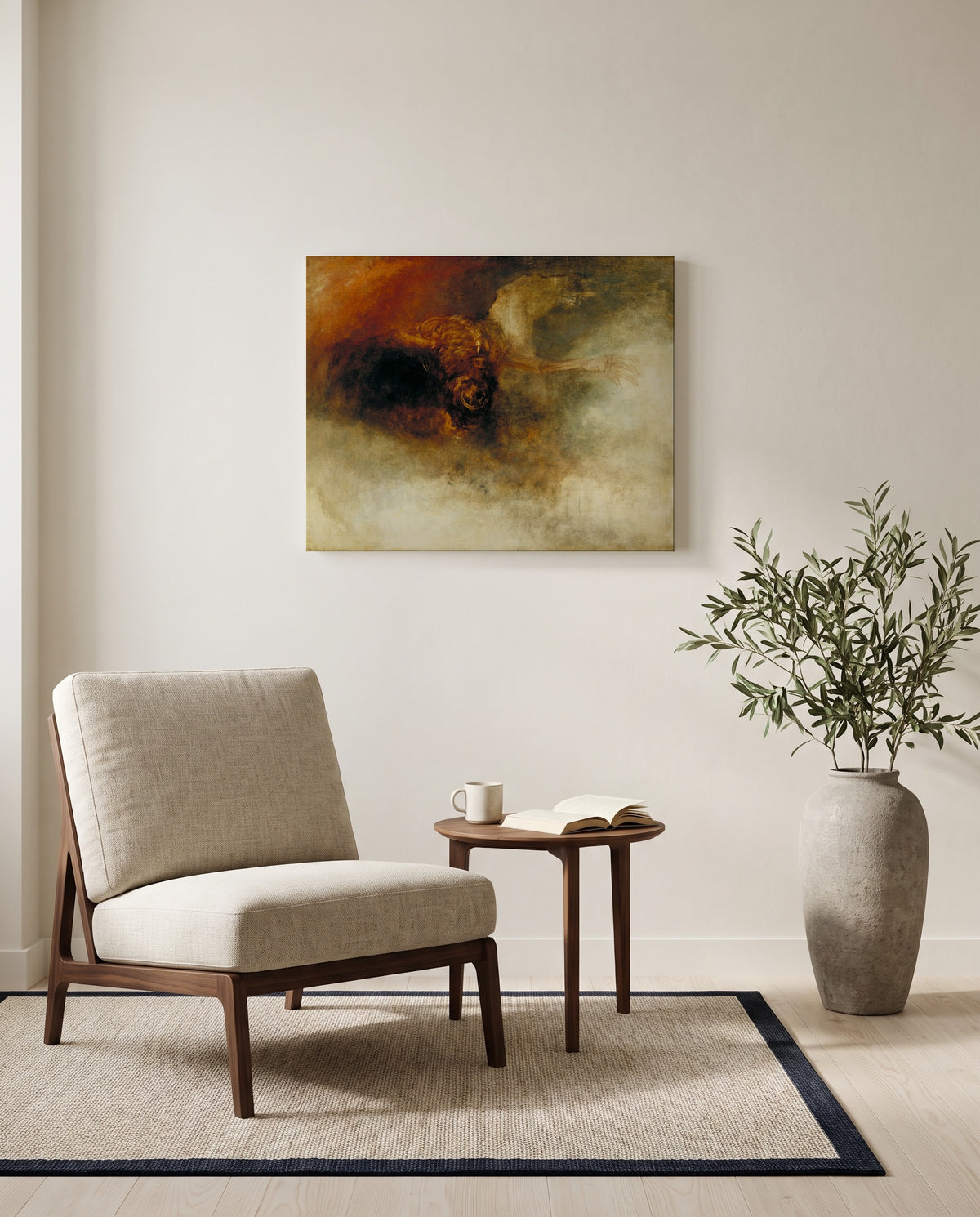 Death on a Pale Horse by J. M. W. Turner as a stretched canvas above a linen lounge chair in a reading corner
