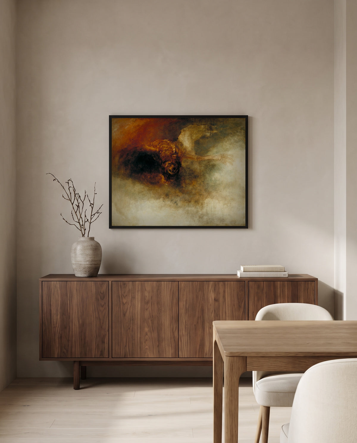 Death on a Pale Horse by J. M. W. Turner in a black frame above a walnut sideboard in a dining room